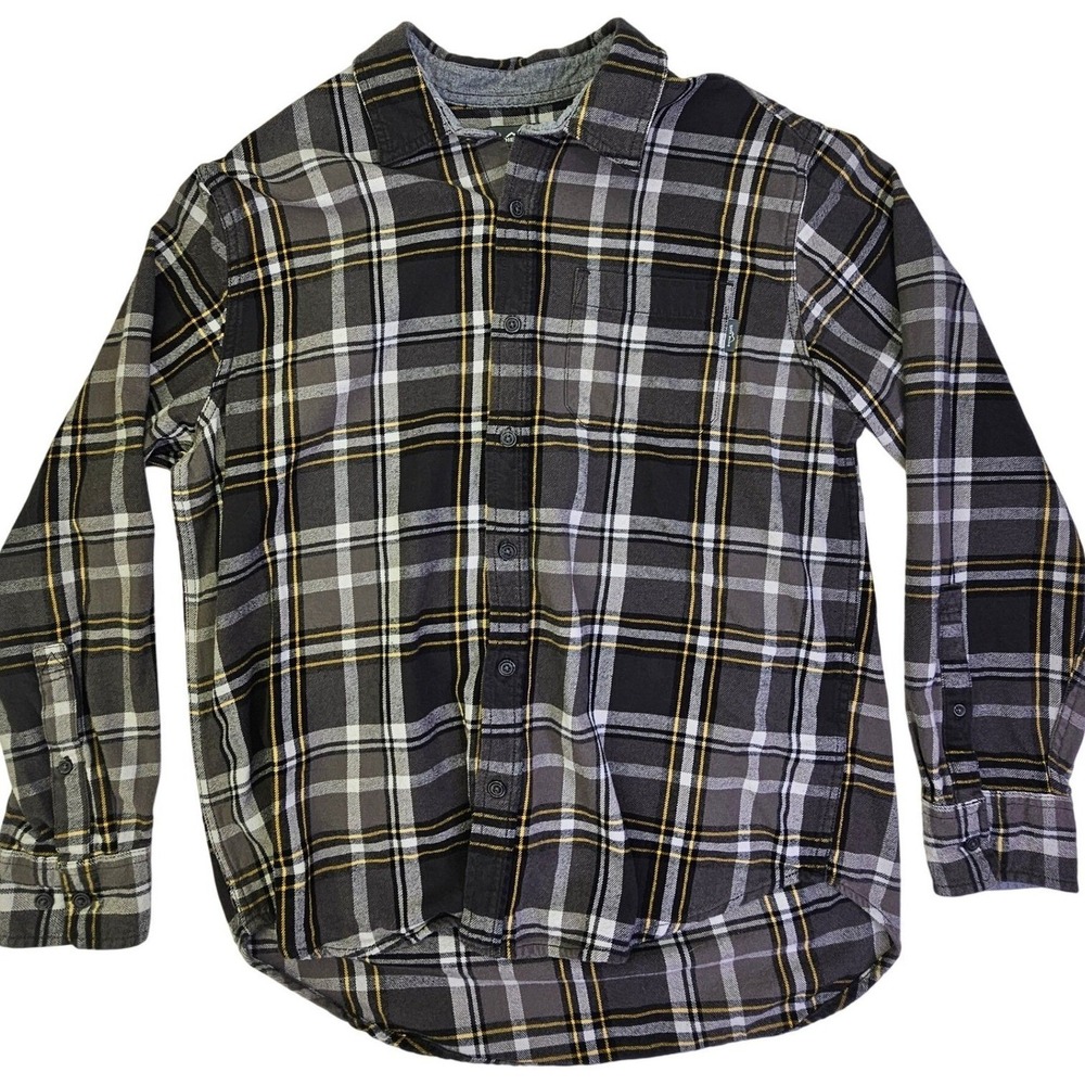 Eddie Bauer Mens Plaid Flannel Shirt Black Grey Yellow EMT13795 L Long Sleeve